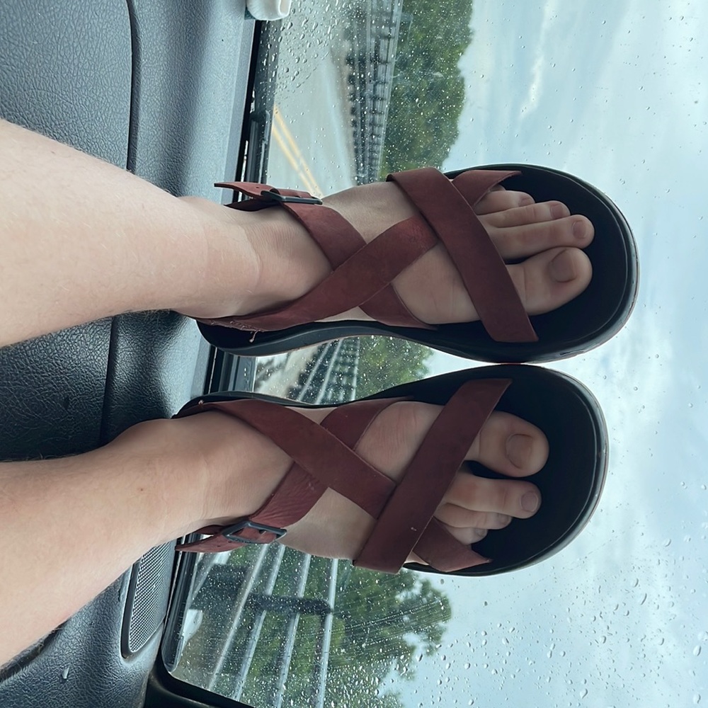 Red leather chacos